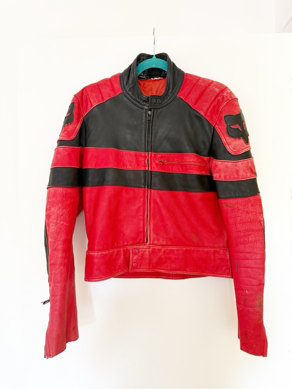 VINTAGE Fox Racing Leather Motorcycle Jacket Red Black Moto Biker